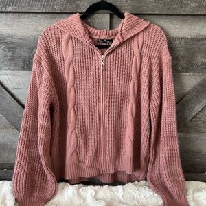 Pink Cable Knit Zip-Up Sweater